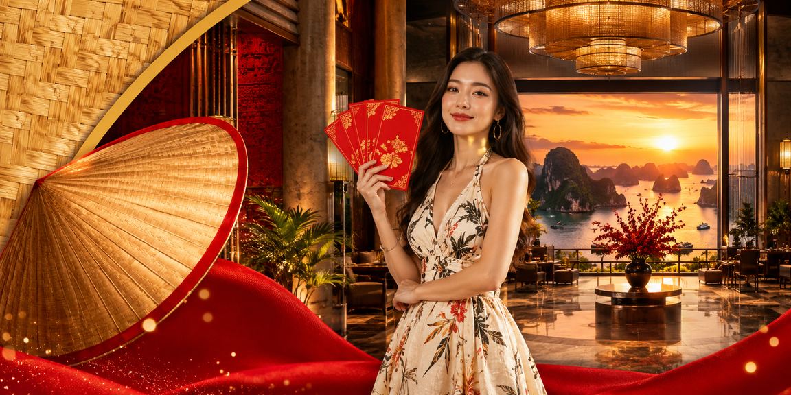 Phong bì đỏ may mắn và nón lá tại Hạ Long Bay biểu trưng cho thưởng casino Tết